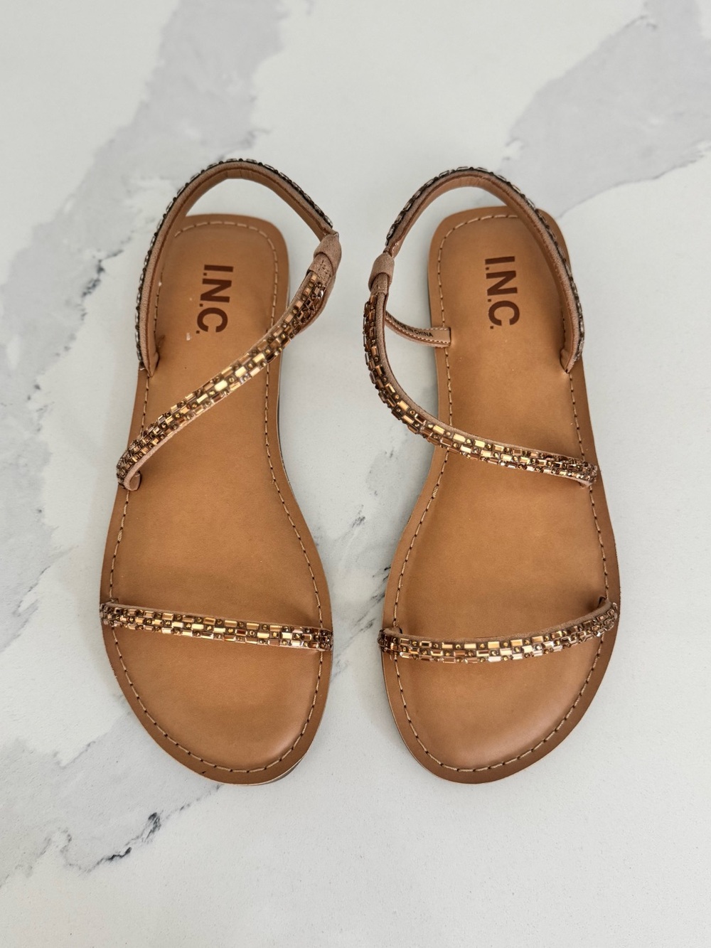 INC International Concepts Tan Sandals with Gold Chain-Strap Detail